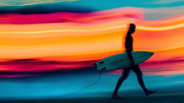 Surfer walking on the beach with their surfboard at sunset, long exposure photography. Background is blurred to emphasize the surfer and the ocean, abstract, minimalist composition