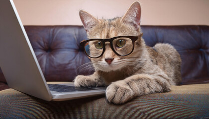 Cat Wearing Glasses Using Laptop Alone