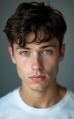 Obraz premium Pensive young man with dark hair wearing white shirt