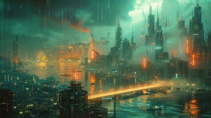 Futuristic cityscape with towering skyscrapers glowing neon lights and a busy river at night  This digital showcases a dynamic technologically advanced metropolis of the future