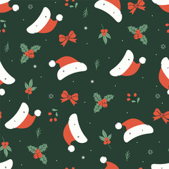Seamless pattern with red Santa hats, berries and bows. Vector graphics.