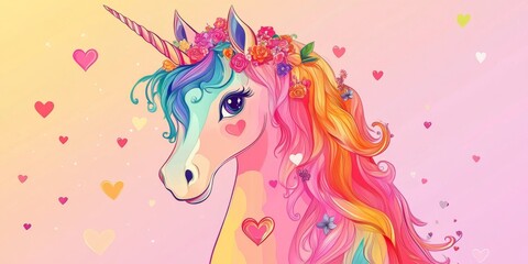 Template with a cute magical unicorn on a pink background with balloons. Children's birthday party invitation. Flat illustration