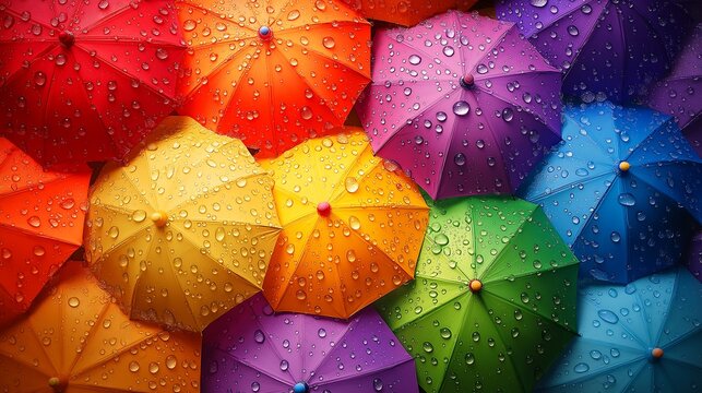elegant rainbow colors umbrellas with waterdrops, top view, wallpaper design
