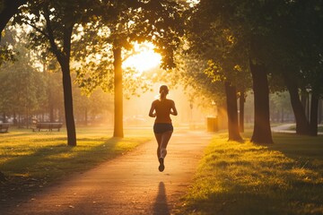 Woman jogging through park at sunrise enjoying fitness and nature