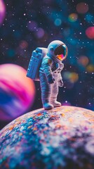 Naklejka premium Astronaut standing on colorful planet with stars in the background, cosmic exploration concept