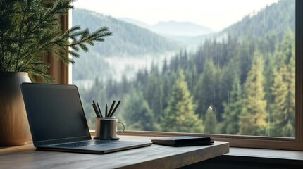 Laptop on a table by the window overlooking a serene pine forest valley, peaceful and inspiring ambiance
 Seamless looping 4k time-lapse virtual video animation Generated AI - Powered by Adobe