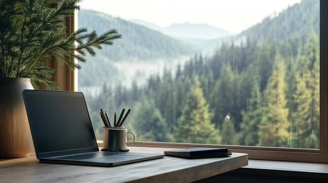 Laptop on a table by the window overlooking a serene pine forest valley, peaceful and inspiring ambiance
 Seamless looping 4k time-lapse virtual video animation Generated AI