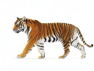 Fototapeta premium Side view of a tiger. Walking forward, white background. Digital painting