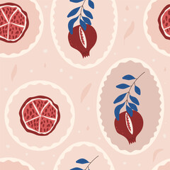 Seamless pattern with round and oval emblems of hand-drawn pomegranates, leaves on a light pink background. Vector hand drawn illustration.