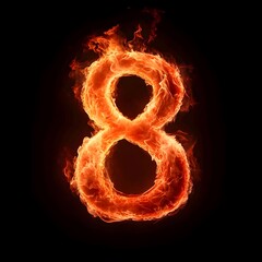 Fire Number 8, Fire Texture Alphabet 8 Isolated on Black Background, Fiery Typography with Flames