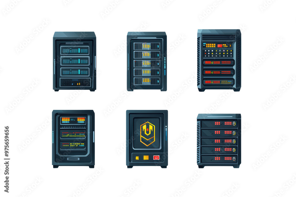 Poster a collection of futuristic control panels with various interfaces and digital displays, perfect for 