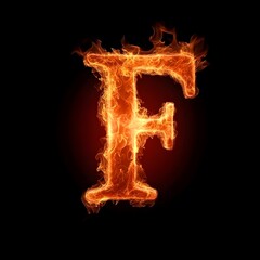 Fire Letter F, Fire Texture Alphabet F Isolated on Black Background, Fiery Typography with Flames