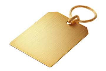 A blank, rectangular, gold-colored metal keychain with a shiny finish, isolated on a transparent background. Perfect for branding or personalization.
