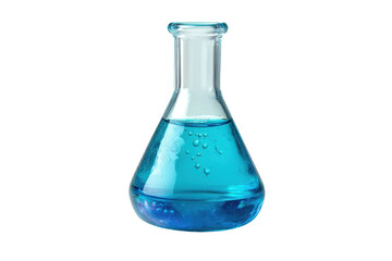 A clear glass flask with blue liquid chemicals and bubbles used in scientific experiments and laboratory research.