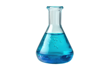 A clear glass flask with blue liquid chemicals and bubbles used in scientific experiments and laboratory research.