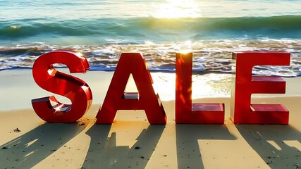 Red Sale text with 3d letters style standing on a sea coast. Summer vacation sale concept. Banner animated for marketing. 