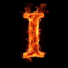 Fire Letter I, Fire Texture Alphabet I Isolated on Black Background, Fiery Typography with Flames