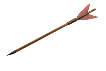 A detailed image of a traditional arrow with a wooden shaft and red feather fletching, isolated on a transparent background.