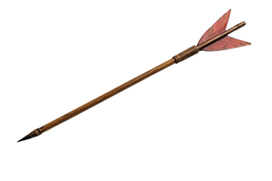 A detailed image of a traditional arrow with a wooden shaft and red feather fletching, isolated on a transparent background.