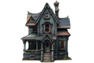 A spooky, old haunted house with Gothic architecture, perfect for Halloween themes and eerie settings. Dark and atmospheric exterior.