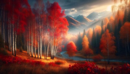 autumn forest fading nature scarlet red gold illustration painting landscape charm mist