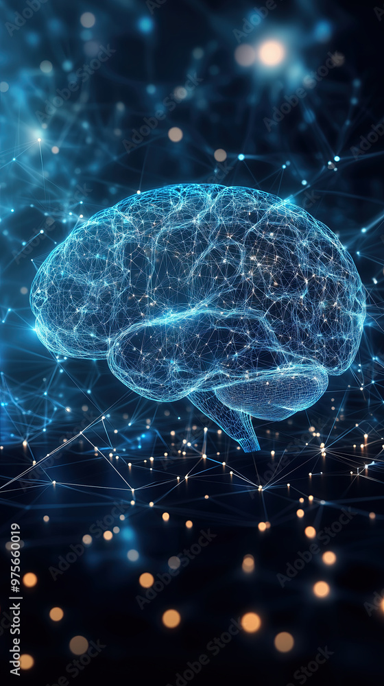 Poster digital image of brain with neural connections and glowing lights