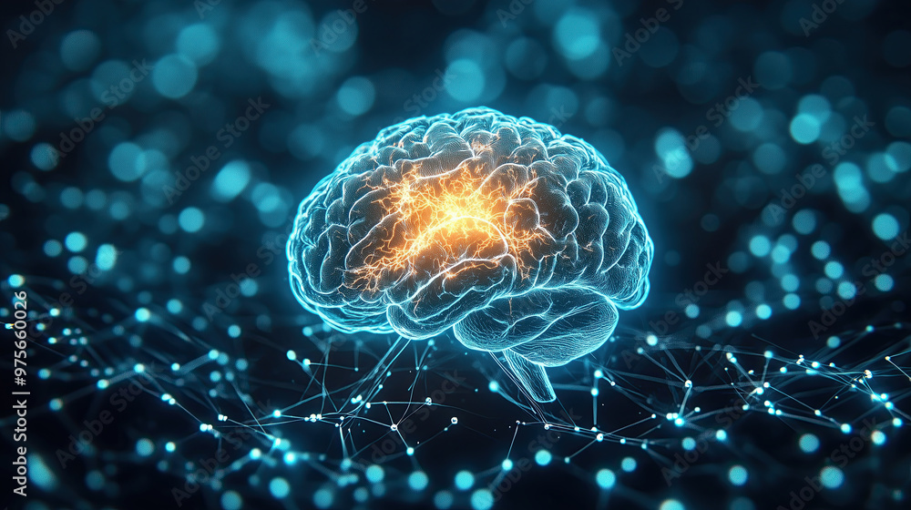 Poster digital image of brain with neural connections and glowing activity