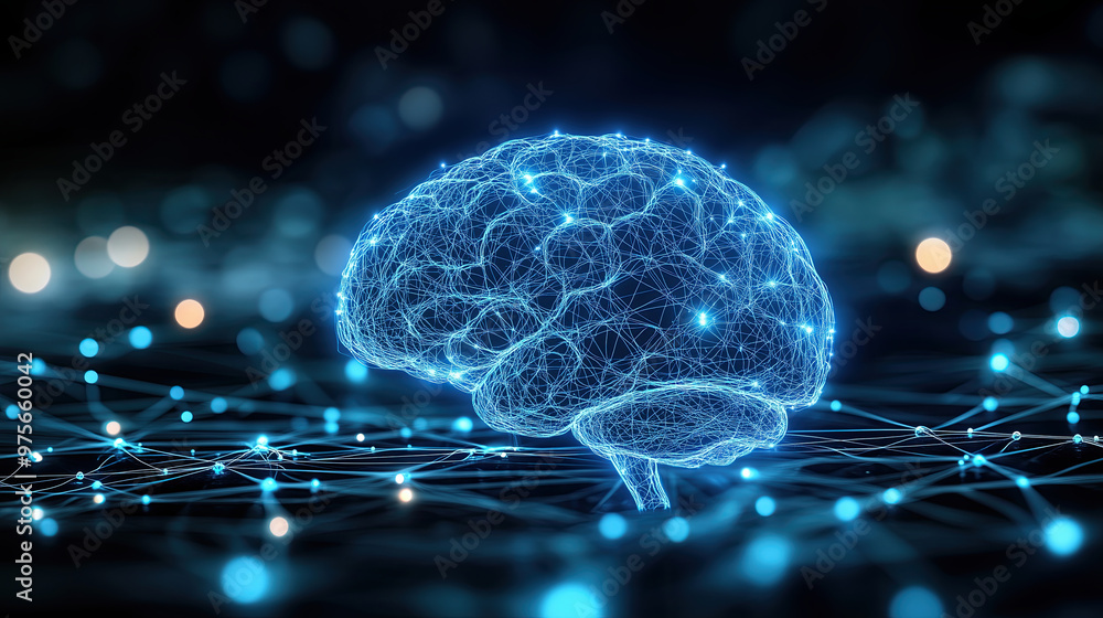 Poster digital image of brain with glowing neural connections, representing intelligence and technology