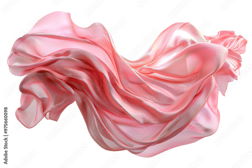 Poster abstract image of flowing, pink silk fabric creating a dynamic and elegant wave pattern, isolated on
