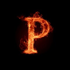 Fire Letter P, Fire Texture Alphabet P Isolated on Black Background, Fiery Typography with Flames