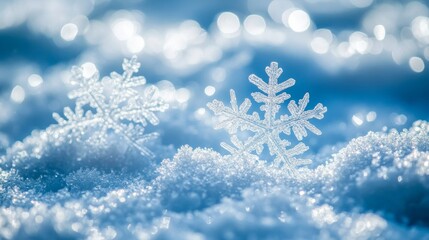 Close-up of delicate snowflakes on frosty snow, macro winter wonderland scene. Nature and seasonal beauty concept