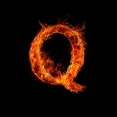 Fire Letter Q, Fire Texture Alphabet Q Isolated on Black Background, Fiery Typography with Flames