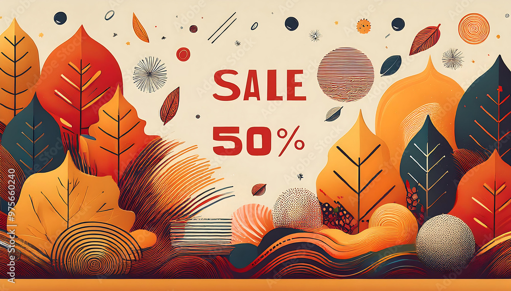 Poster autumn design with graphic memphis elements, featuring retro-style abstract patterns, with _1(65)
