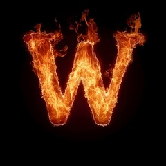 Fire Letter W, Fire Texture Alphabet W Isolated on Black Background, Fiery Typography with Flames