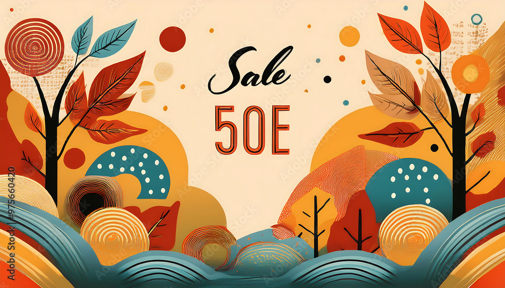 Poster autumn design with graphic memphis elements, featuring retro-style abstract patterns, with _1(66)