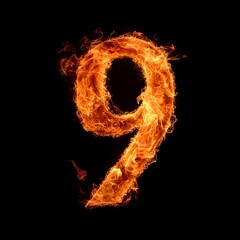 Fire Number 9, Fire Texture Alphabet 9 Isolated on Black Background, Fiery Typography with Flames