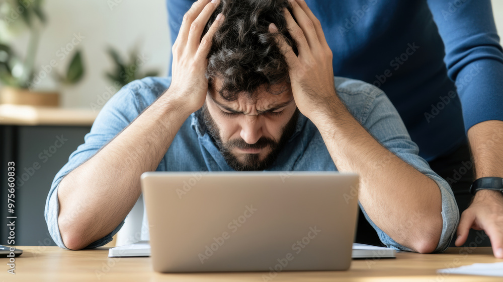 Poster A man sitting at a desk with his head in hands, AI