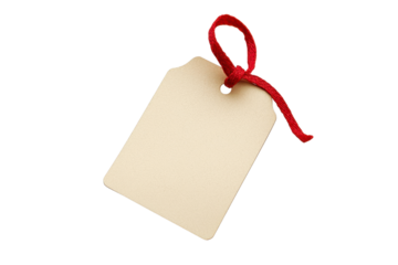Close-up of a blank beige gift tag with a red ribbon, perfect for labeling presents, parties, and holidays. Isolated on a transparent background.