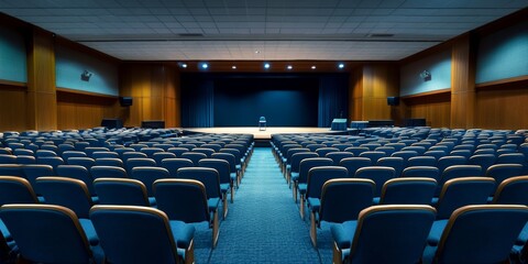 A wide, empty auditorium in a conference hall featuring a stage and a blank canvas, ready for events and presentations