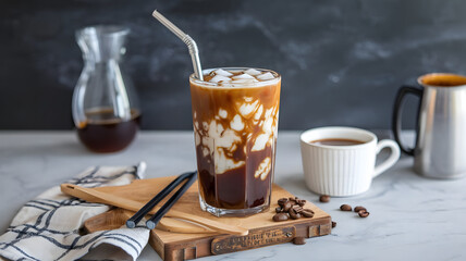 A glass of cold brew coffee with a splash of oat milk, served over ice in a tall glass with a stainless steel straw.  