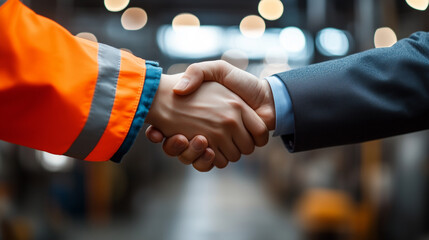 A close-up photo of two people shaking hands. One person is wearing an orange safety jacket, and the other is in business attire. The background shows blurry lights from inside a f