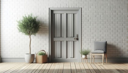 white brick wall, closed grey wooden door, light wooden floor, potted plant with branches
