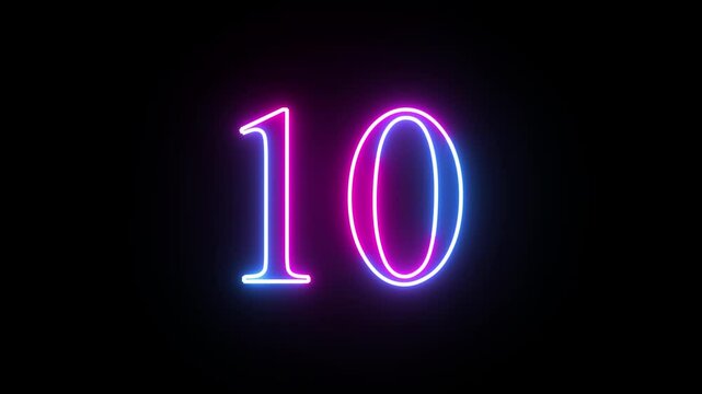 Glowing neon numeric number 10 animation. Purple and blue neon font alphanumeric "10" on black background. Educational concept