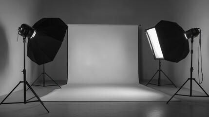 Photography studio setup with softbox lighting and blank white backdrop.