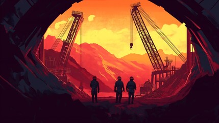 Naklejka premium workers against a mine background linart style illustration