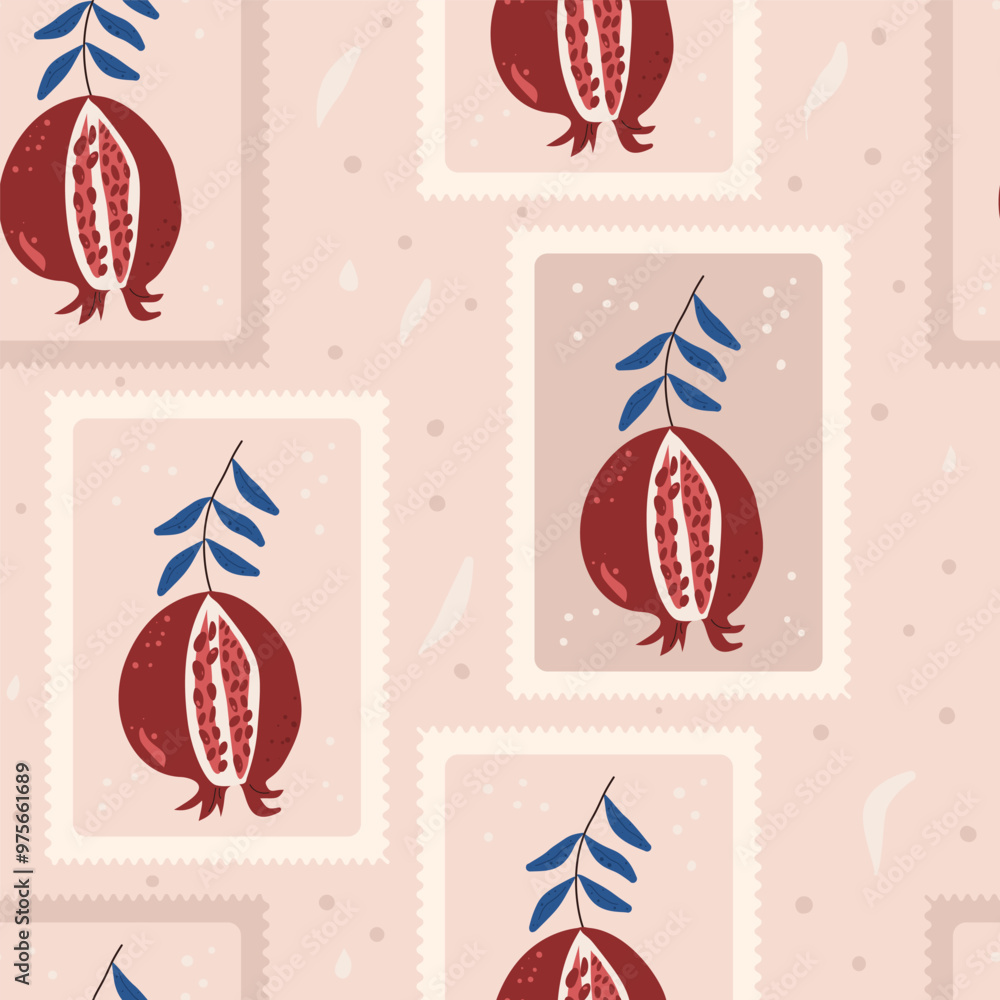 Poster pomegranates growing emblem seamless pattern. rectangle badge with ripe fruits repeat surface backgr