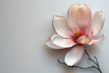 Obraz premium Close-up of a single pink magnolia flower with white veins on a white background.