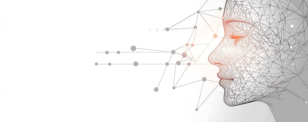 a dotted matrix grid of a face emerging from gray circuit lines on a gray on white background