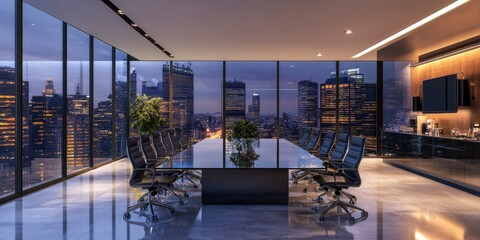 Fototapeta na wymiar A spacious, modern boardroom with a long conference table and chairs, set against a large window offering a panoramic view of the city skyline, representing corporate power and success