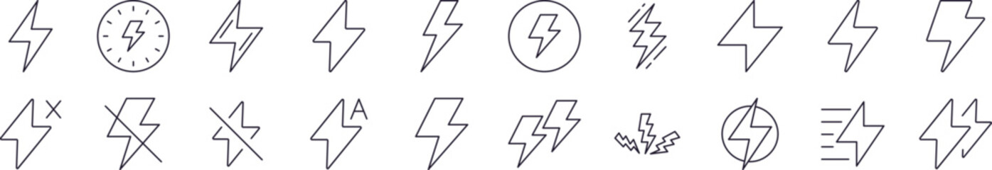 Lightning Line Icon Set. Editable Stroke. Minimalistic Linear Pictogram for Design of Cards, Apps, Banners, Posts